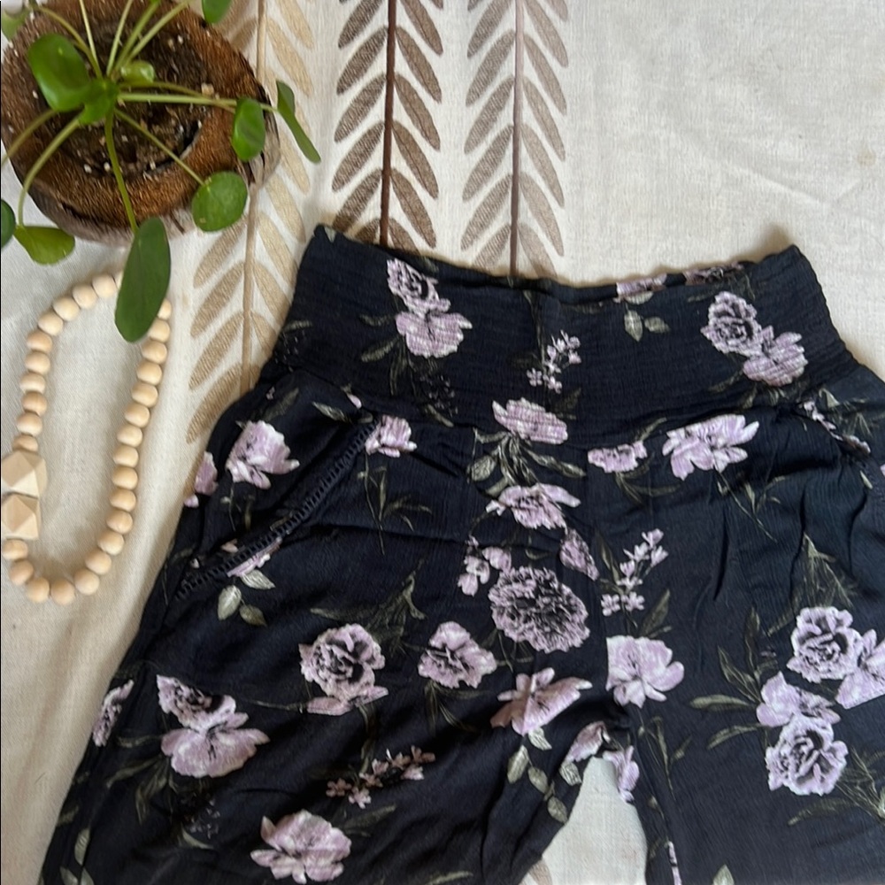Three Dots Black Floral Wide Leg Pants